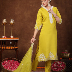 Stylum Women's Lime Green Solid & Embroidered Silk Blend Straight Kurta Pant Dupatta Set (KPDLIMESIZZLER)