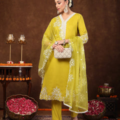 Stylum Women's Lime Green Solid & Embroidered Silk Blend Straight Kurta Pant Dupatta Set (KPDLIMESIZZLER)