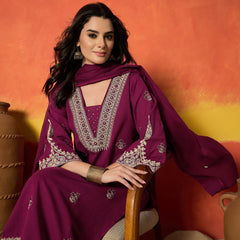 Stylum Women's Magenta Solid & Embroidered Cotton Flex Straight Kurta Palazzo Dupatta Set (KPDMAGENTAAMOR)