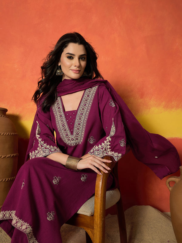 Stylum Women's Magenta Solid & Embroidered Cotton Flex Straight Kurta Palazzo Dupatta Set (KPDMAGENTAAMOR)