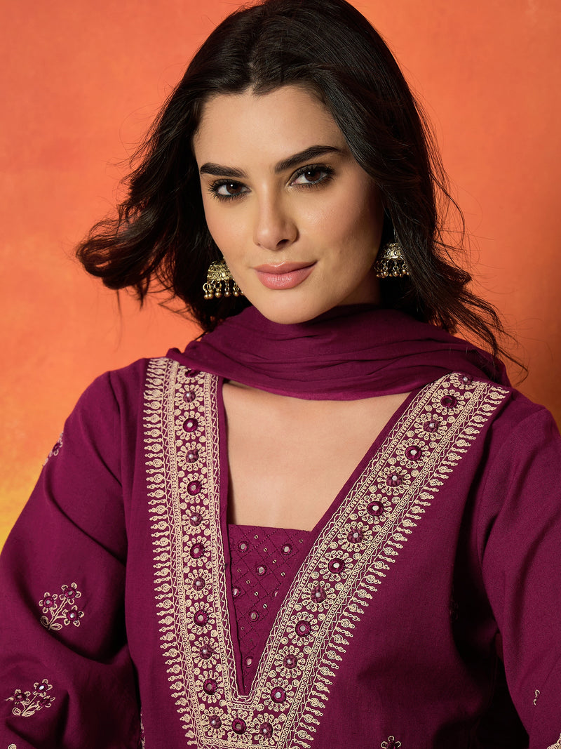 Stylum Women's Magenta Solid & Embroidered Cotton Flex Straight Kurta Palazzo Dupatta Set (KPDMAGENTAAMOR)