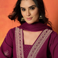 Stylum Women's Magenta Solid & Embroidered Cotton Flex Straight Kurta Palazzo Dupatta Set (KPDMAGENTAAMOR)