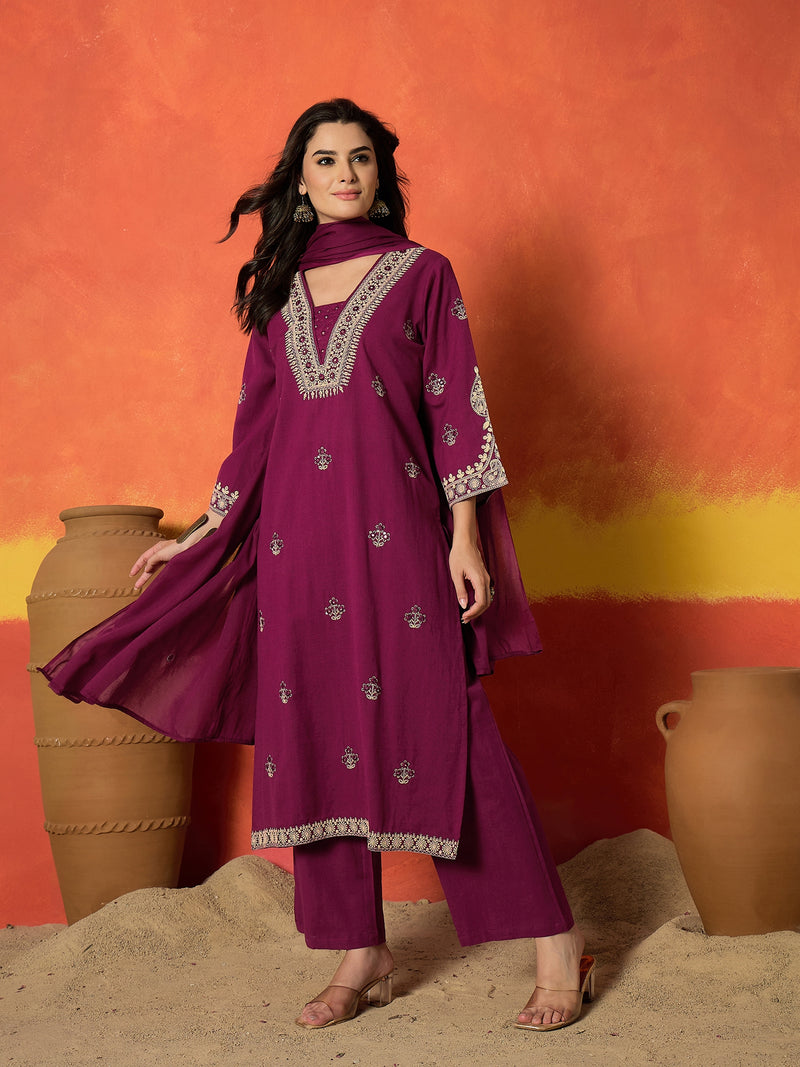 Stylum Women's Magenta Solid & Embroidered Cotton Flex Straight Kurta Palazzo Dupatta Set (KPDMAGENTAAMOR)
