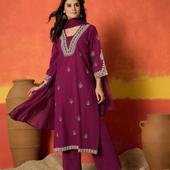 Stylum Women's Magenta Solid & Embroidered Cotton Flex Straight Kurta Palazzo Dupatta Set (KPDMAGENTAAMOR)