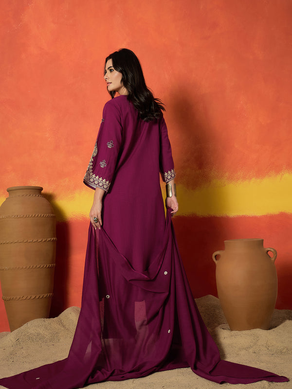 Stylum Women's Magenta Solid & Embroidered Cotton Flex Straight Kurta Palazzo Dupatta Set (KPDMAGENTAAMOR)