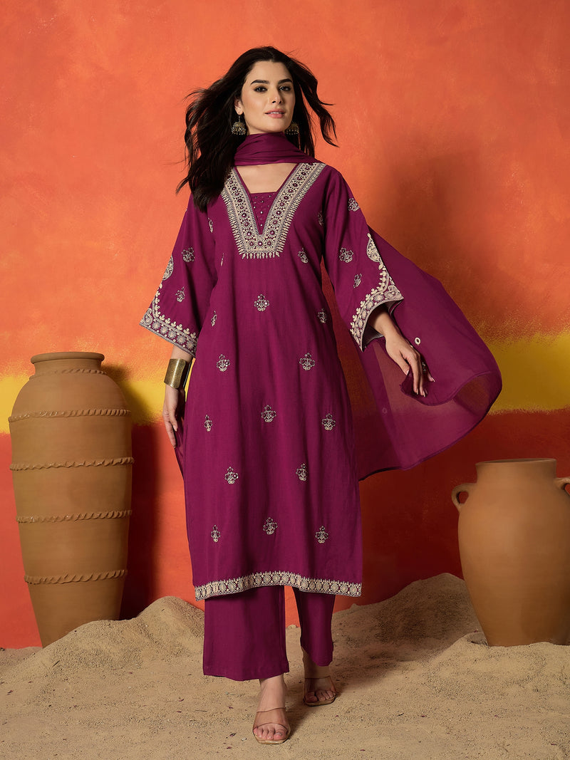 Stylum Women's Magenta Solid & Embroidered Cotton Flex Straight Kurta Palazzo Dupatta Set (KPDMAGENTAAMOR)