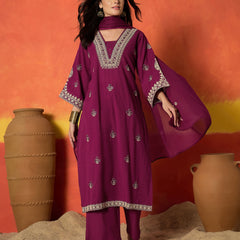 Stylum Women's Magenta Solid & Embroidered Cotton Flex Straight Kurta Palazzo Dupatta Set (KPDMAGENTAAMOR)