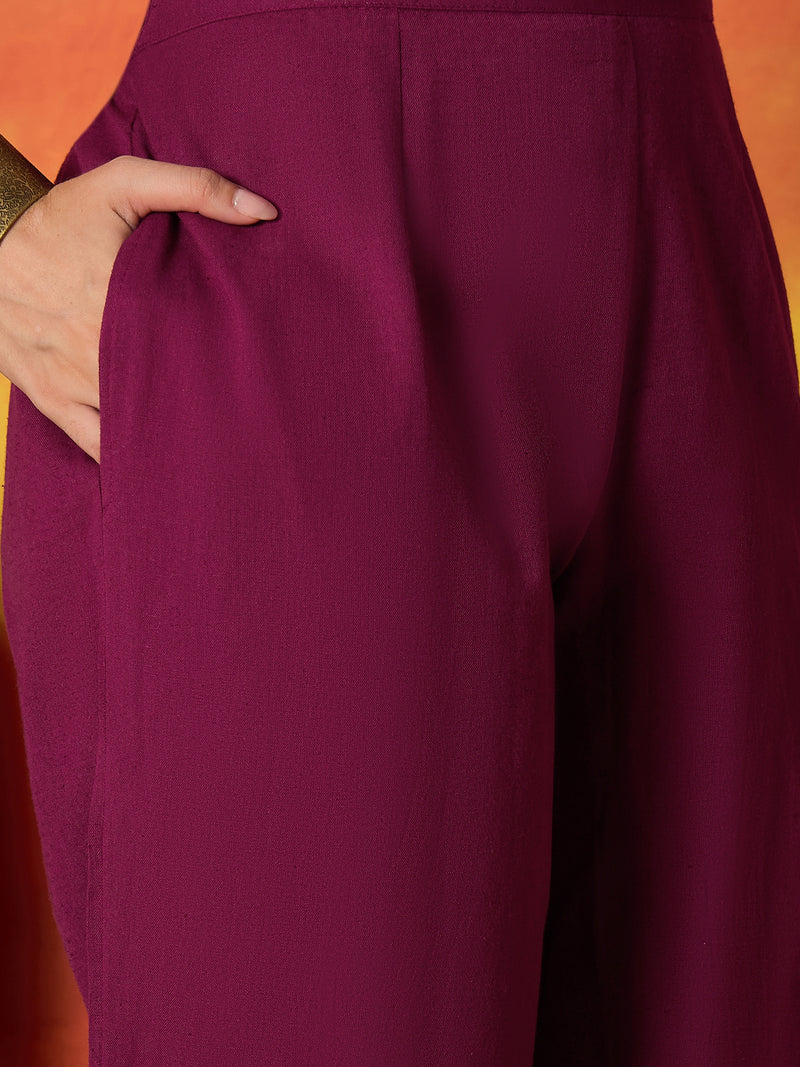 Stylum Women's Magenta Solid & Embroidered Cotton Flex Straight Kurta Palazzo Dupatta Set (KPDMAGENTAAMOR)