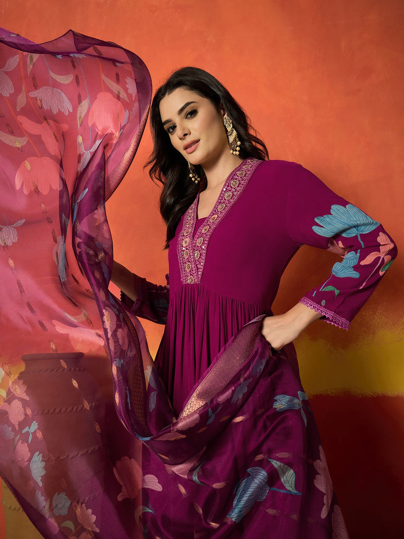 Stylum Women's Magenta Floral Printed & Embroidered Rayon Anarkali Kurta Pant Dupatta Set (KPDMAGENTAUTKAL)