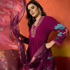 Stylum Women's Magenta Floral Printed & Embroidered Rayon Anarkali Kurta Pant Dupatta Set (KPDMAGENTAUTKAL)