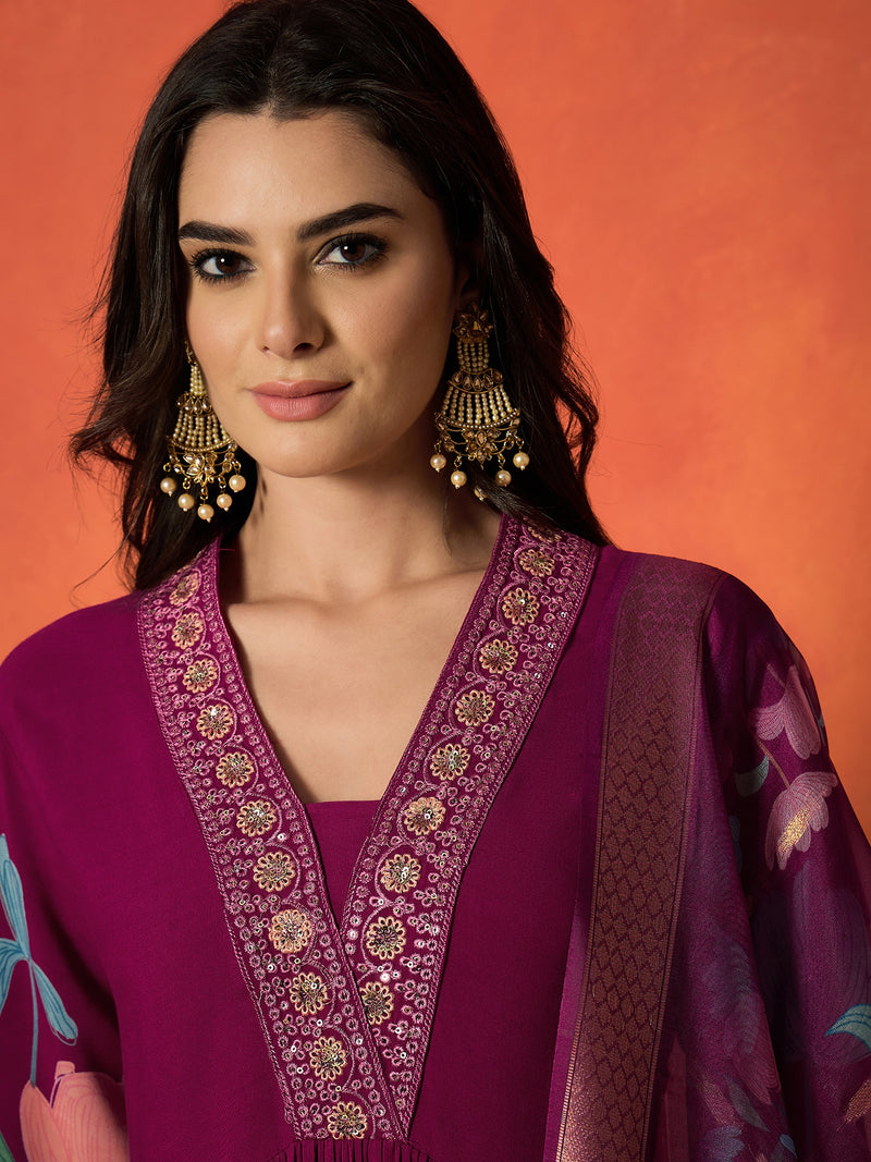 Stylum Women's Magenta Floral Printed & Embroidered Rayon Anarkali Kurta Pant Dupatta Set (KPDMAGENTAUTKAL)
