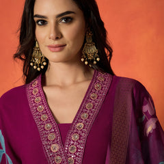 Stylum Women's Magenta Floral Printed & Embroidered Rayon Anarkali Kurta Pant Dupatta Set (KPDMAGENTAUTKAL)