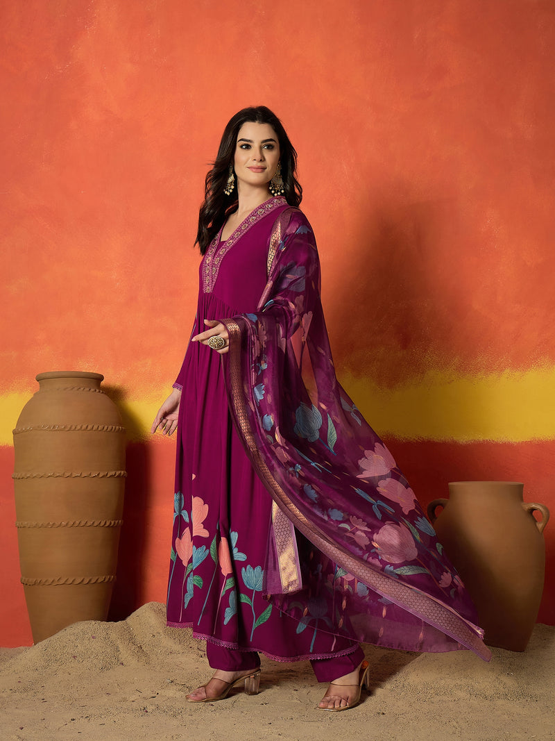 Stylum Women's Magenta Floral Printed & Embroidered Rayon Anarkali Kurta Pant Dupatta Set (KPDMAGENTAUTKAL)