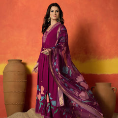 Stylum Women's Magenta Floral Printed & Embroidered Rayon Anarkali Kurta Pant Dupatta Set (KPDMAGENTAUTKAL)