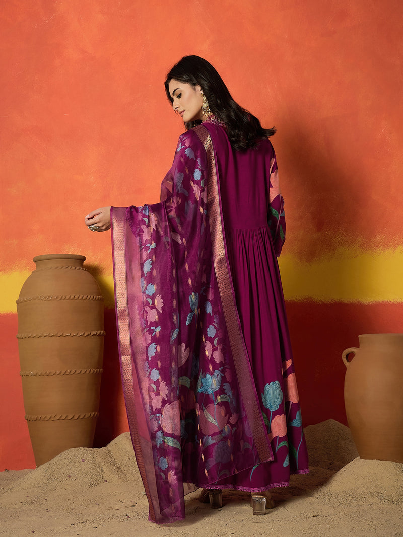 Stylum Women's Magenta Floral Printed & Embroidered Rayon Anarkali Kurta Pant Dupatta Set (KPDMAGENTAUTKAL)