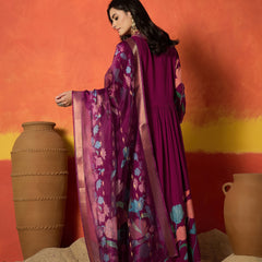 Stylum Women's Magenta Floral Printed & Embroidered Rayon Anarkali Kurta Pant Dupatta Set (KPDMAGENTAUTKAL)