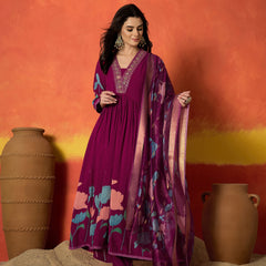 Stylum Women's Magenta Floral Printed & Embroidered Rayon Anarkali Kurta Pant Dupatta Set (KPDMAGENTAUTKAL)