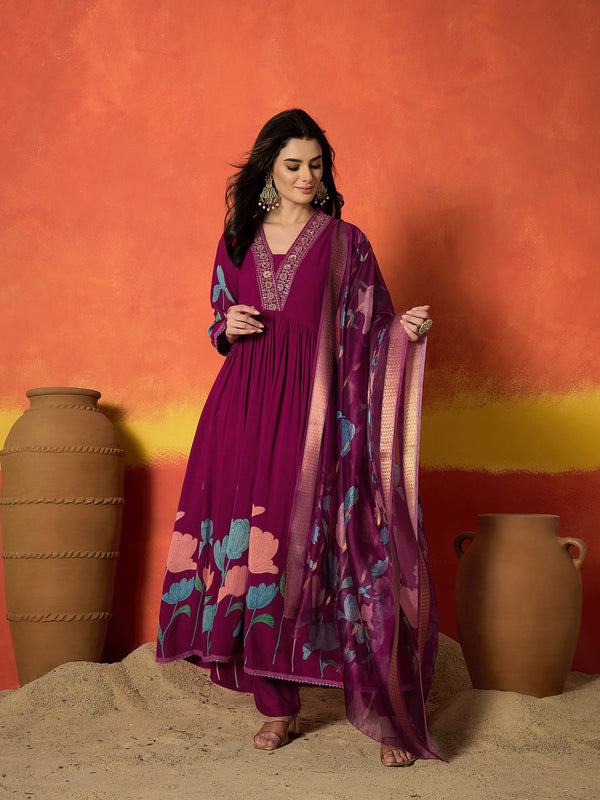 Stylum Women's Magenta Floral Printed & Embroidered Rayon Anarkali Kurta Pant Dupatta Set (KPDMAGENTAUTKAL)