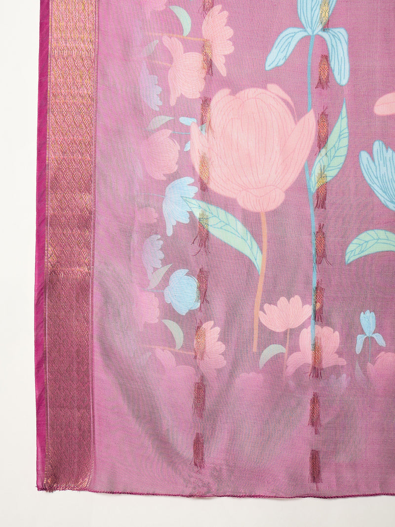 Stylum Women's Magenta Floral Printed & Embroidered Rayon Anarkali Kurta Pant Dupatta Set (KPDMAGENTAUTKAL)