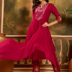 Stylum Women's Magenta Solid & Embroidered Silk Blend A-Line Kurta Pant Dupatta Set (KPDMAGENTAZARA)