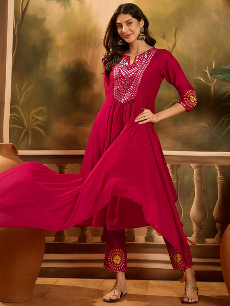 Stylum Women's Magenta Solid & Embroidered Silk Blend A-Line Kurta Pant Dupatta Set (KPDMAGENTAZARA)