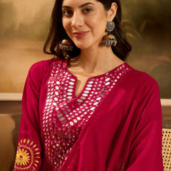 Stylum Women's Magenta Solid & Embroidered Silk Blend A-Line Kurta Pant Dupatta Set (KPDMAGENTAZARA)