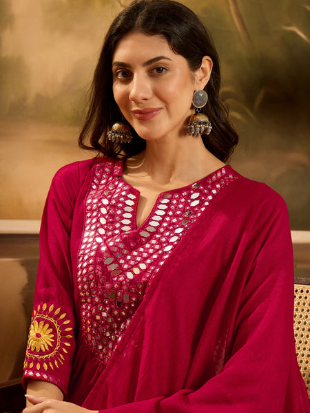 Stylum Women's Magenta Solid & Embroidered Silk Blend A-Line Kurta Pant Dupatta Set (KPDMAGENTAZARA)