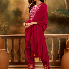 Stylum Women's Magenta Solid & Embroidered Silk Blend A-Line Kurta Pant Dupatta Set (KPDMAGENTAZARA)
