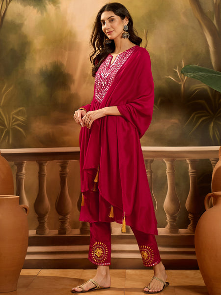 Stylum Women's Magenta Solid & Embroidered Silk Blend A-Line Kurta Pant Dupatta Set (KPDMAGENTAZARA)