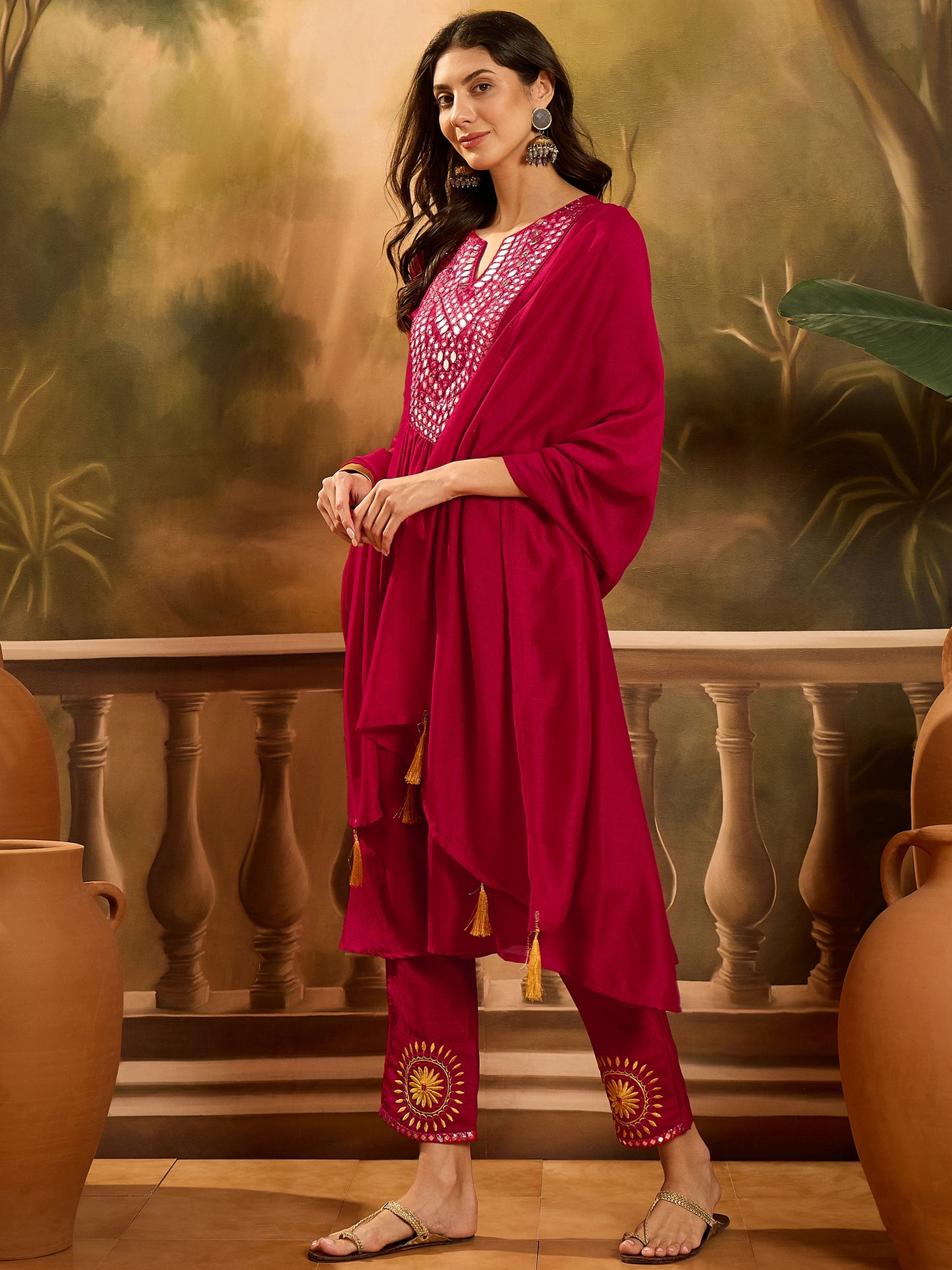 Stylum Women's Magenta Solid & Embroidered Silk Blend A-Line Kurta Pant Dupatta Set (KPDMAGENTAZARA)