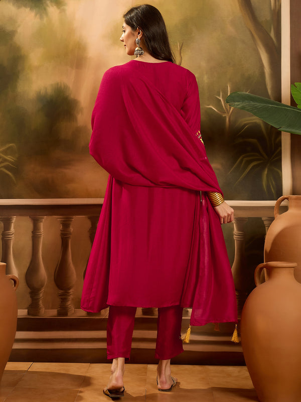 Stylum Women's Magenta Solid & Embroidered Silk Blend A-Line Kurta Pant Dupatta Set (KPDMAGENTAZARA)