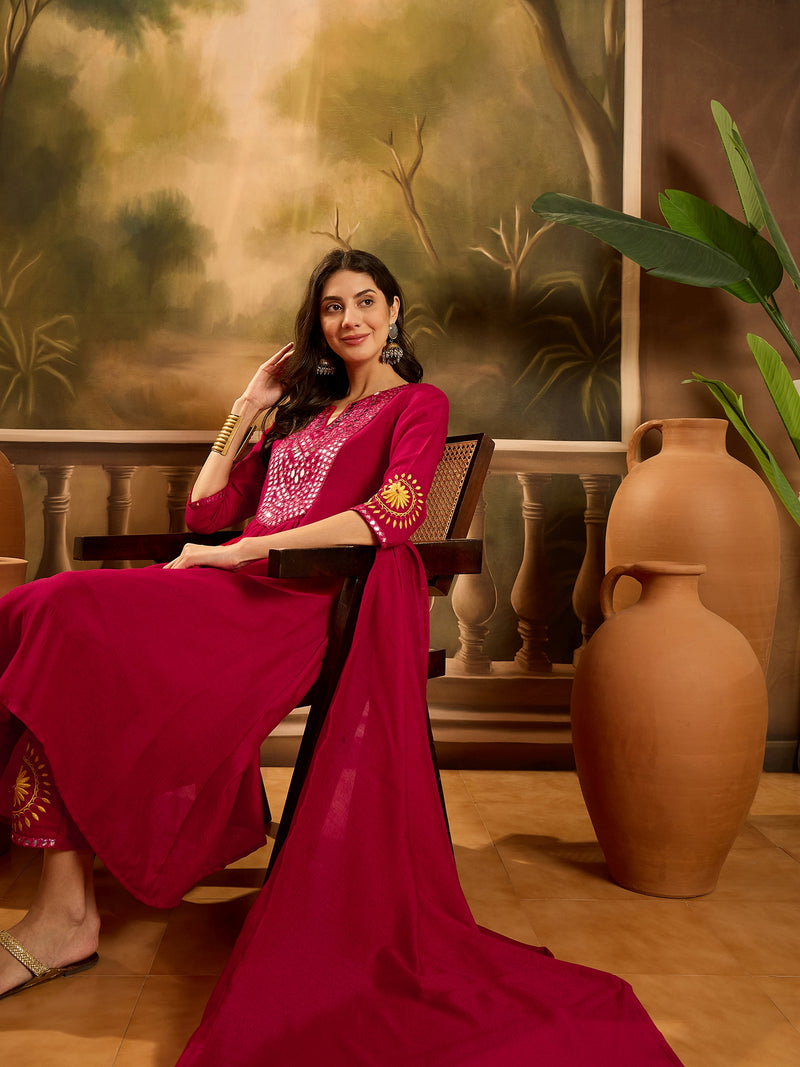 Stylum Women's Magenta Solid & Embroidered Silk Blend A-Line Kurta Pant Dupatta Set (KPDMAGENTAZARA)