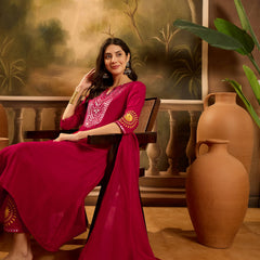 Stylum Women's Magenta Solid & Embroidered Silk Blend A-Line Kurta Pant Dupatta Set (KPDMAGENTAZARA)