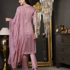 Stylum Women's Mulberry Woven Design & Embroidered Silk Blend Straight Kurta Pant Dupatta Set (KPDMALBERRYLAZER)