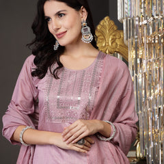 Stylum Women's Mulberry Woven Design & Embroidered Silk Blend Straight Kurta Pant Dupatta Set (KPDMALBERRYLAZER)