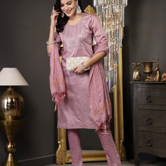 Stylum Women's Mulberry Woven Design & Embroidered Silk Blend Straight Kurta Pant Dupatta Set (KPDMALBERRYLAZER)