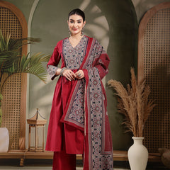 Stylum Women's Maroon Ajrakh Printed Cotton A-Line Kurta Pant Dupatta Set (KPDMAROONHEERA)