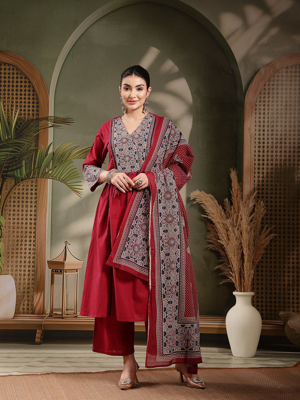 Stylum Women's Maroon Ajrakh Printed Cotton A-Line Kurta Pant Dupatta Set (KPDMAROONHEERA)