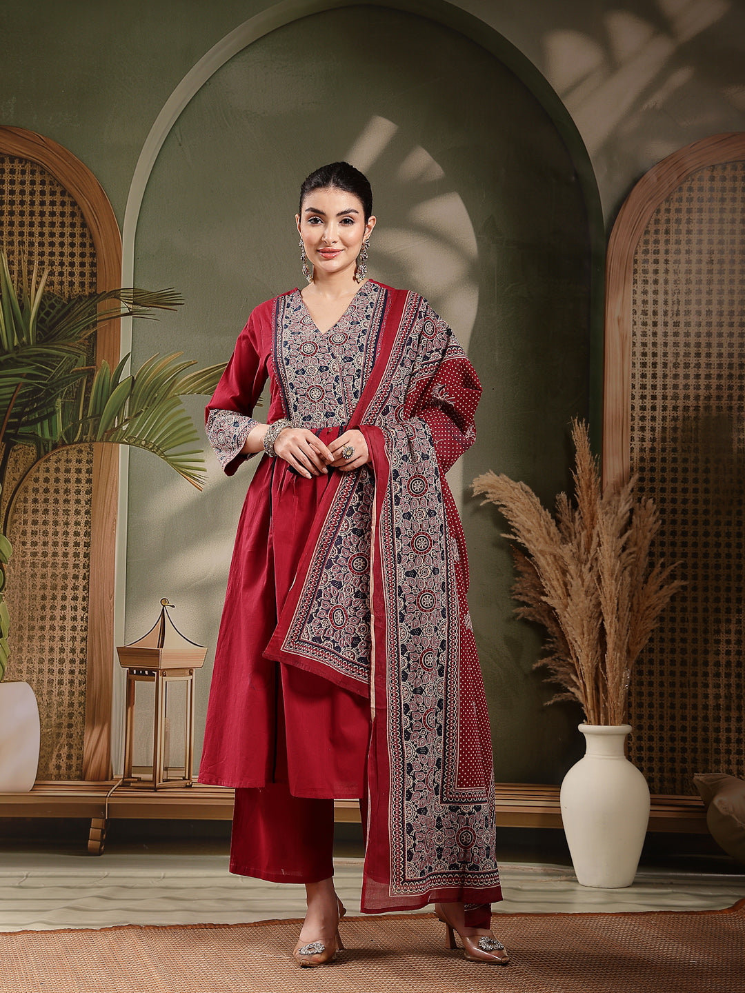 Stylum Women's Maroon Ajrakh Printed Cotton A-Line Kurta Pant Dupatta Set (KPDMAROONHEERA)