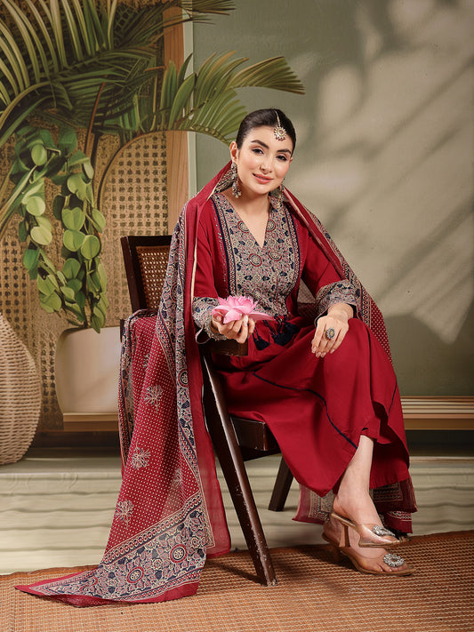 Stylum Women's Maroon Ajrakh Printed Cotton A-Line Kurta Pant Dupatta Set (KPDMAROONHEERA)