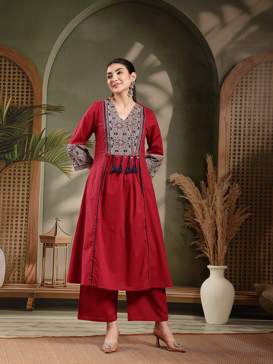 Stylum Women's Maroon Ajrakh Printed Cotton A-Line Kurta Pant Dupatta Set (KPDMAROONHEERA)