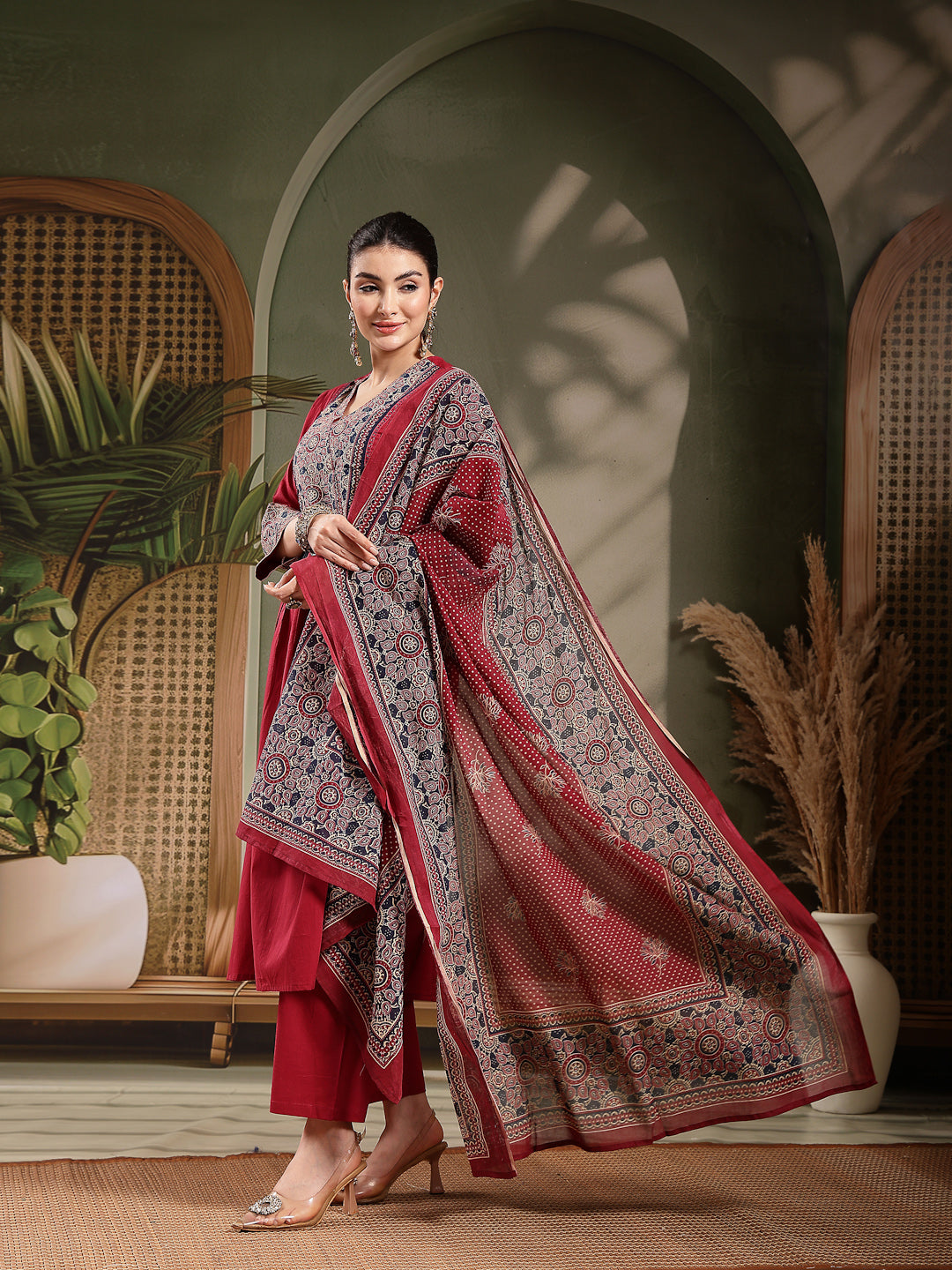 Stylum Women's Maroon Ajrakh Printed Cotton A-Line Kurta Pant Dupatta Set (KPDMAROONHEERA)