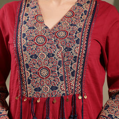 Stylum Women's Maroon Ajrakh Printed Cotton A-Line Kurta Pant Dupatta Set (KPDMAROONHEERA)