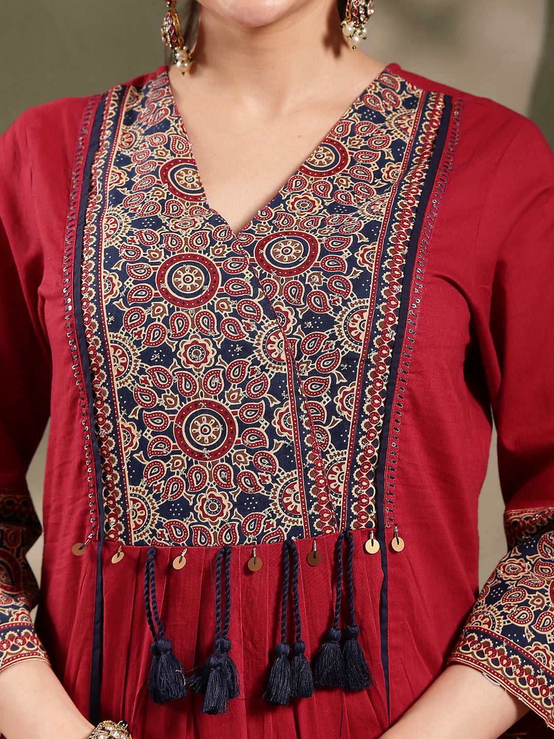 Stylum Women's Maroon Ajrakh Printed Cotton A-Line Kurta Pant Dupatta Set (KPDMAROONHEERA)