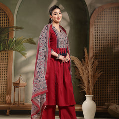 Stylum Women's Maroon Ajrakh Printed Cotton A-Line Kurta Pant Dupatta Set (KPDMAROONHEERA)