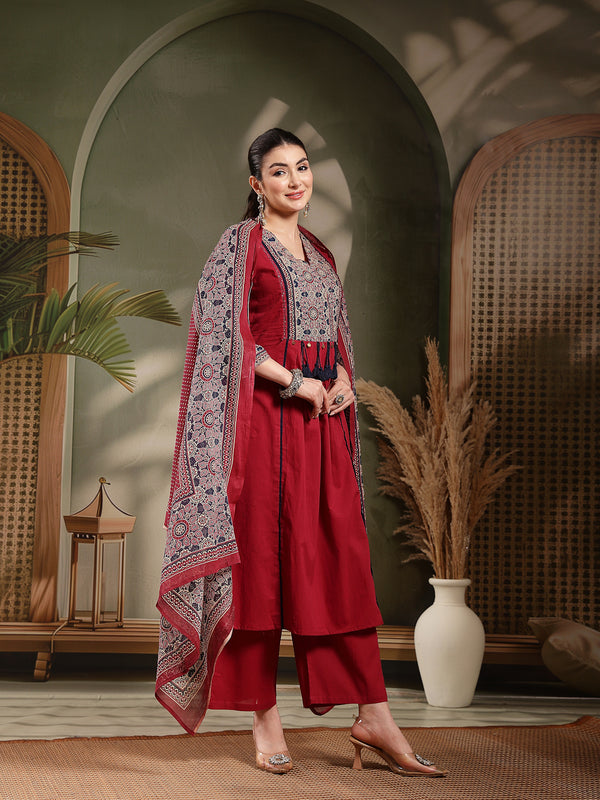 Stylum Women's Maroon Ajrakh Printed Cotton A-Line Kurta Pant Dupatta Set (KPDMAROONHEERA)