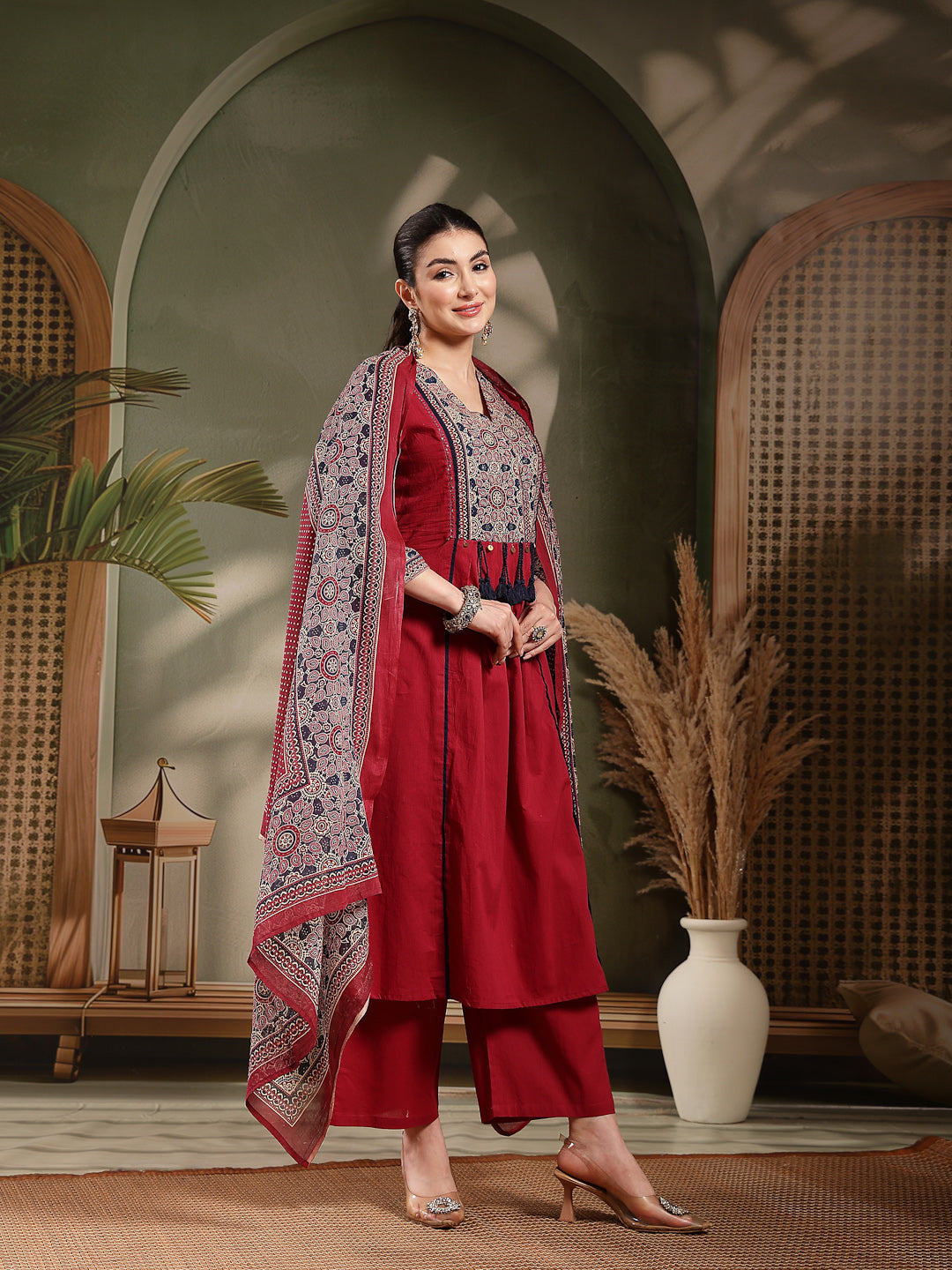 Stylum Women's Maroon Ajrakh Printed Cotton A-Line Kurta Pant Dupatta Set (KPDMAROONHEERA)