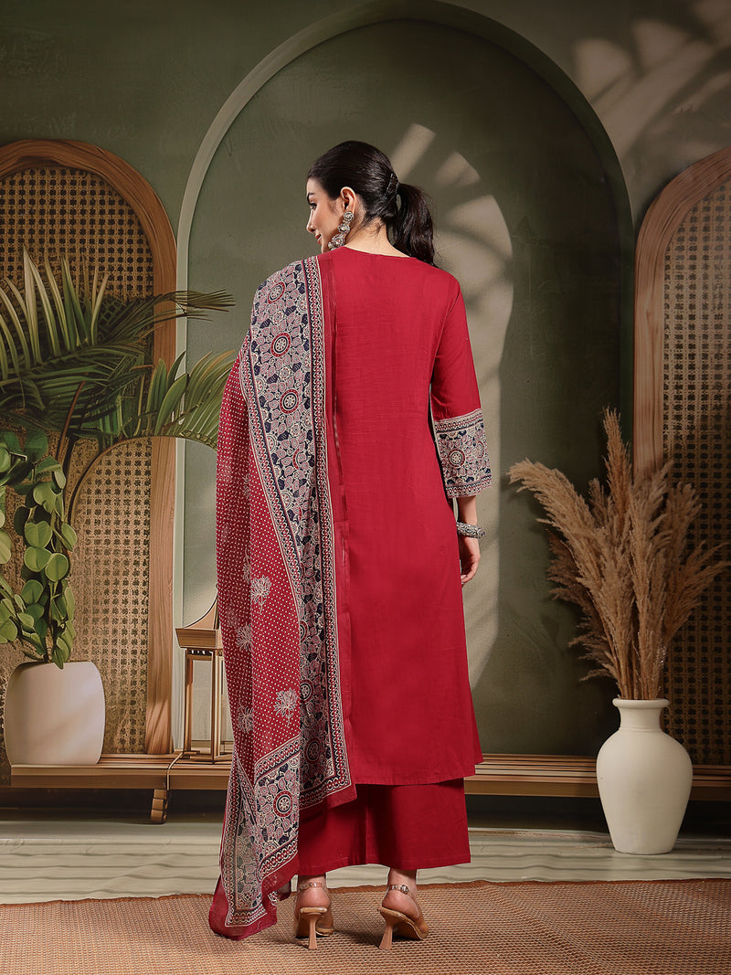 Stylum Women's Maroon Ajrakh Printed Cotton A-Line Kurta Pant Dupatta Set (KPDMAROONHEERA)
