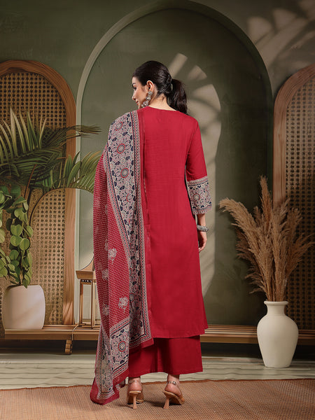 Stylum Women's Maroon Ajrakh Printed Cotton A-Line Kurta Pant Dupatta Set (KPDMAROONHEERA)
