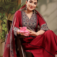 Stylum Women's Maroon Ajrakh Printed Cotton A-Line Kurta Pant Dupatta Set (KPDMAROONHEERA)